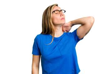Young caucasian woman cutout isolated massaging elbow, suffering after a bad movement.