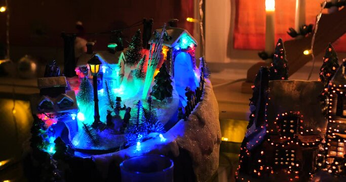 Christmas Miniature Ornaments With A Variety Of Staging Scenes. Tracking Close up