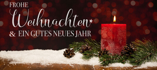 Frohe Weihnachten & gutes neues Jahr Feier Urlaub Hintergrund Banner Grußkarte - Rote Kerze...