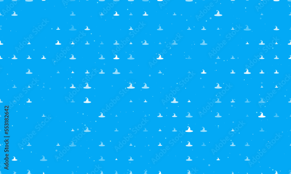 Poster seamless background pattern of evenly spaced white witch hat symbols of different sizes and opacity.