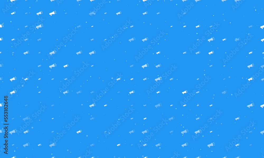 Poster seamless background pattern of evenly spaced white megaphone symbols of different sizes and opacity.