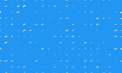 Seamless background pattern of evenly spaced white megaphone symbols of different sizes and opacity. Vector illustration on blue background with stars