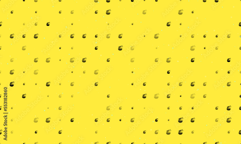 Poster seamless background pattern of evenly spaced black noodle symbols of different sizes and opacity. ve