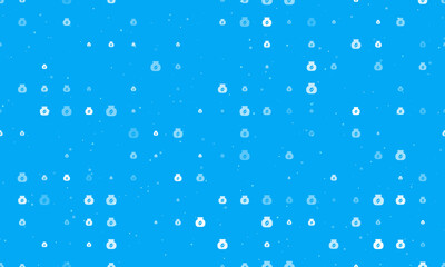 Seamless background pattern of evenly spaced white instant coffee symbols of different sizes and opacity. Vector illustration on light blue background with stars