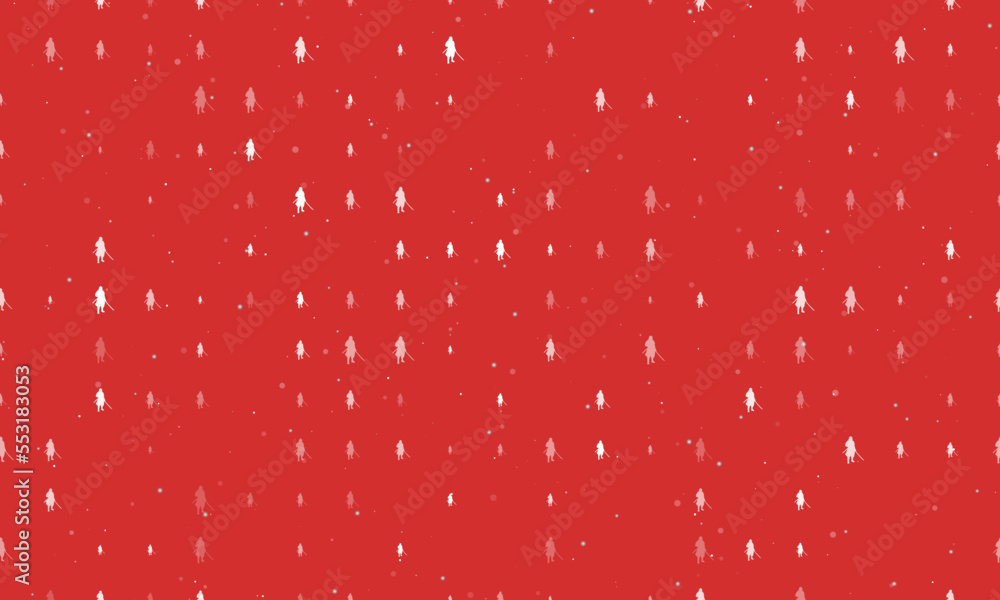 Poster Seamless background pattern of evenly spaced white samurai symbols of different sizes and opacity. Vector illustration on red background with stars
