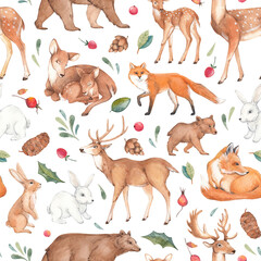 Seamless pattern with cute forest animals: deer, bear, hare, fox. Watercolor, hand-drawn.Christmas card, holiday card for printing, illustration of a winter forest isolated on a white background.