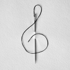 needle with black thread in the form of a treble clef