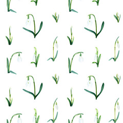 Fototapeta na wymiar Seamless pattern with snowdrops. Watercolor illustration isolated on white