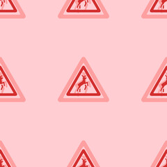 Seamless pattern of large isolated red wild animals road signs. The elements are evenly spaced. Vector illustration on light red background