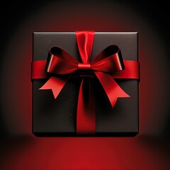 A black gift box wrapped with a red ribbon.	