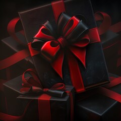 A black gift box wrapped with a red ribbon.