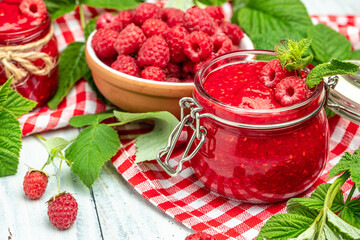 Organic raspberries, Fresh raspberries in bowl. Ripe juicy fresh raspberries. healthy food, vitamins, summer berry fruit. Long banner format. place for text
