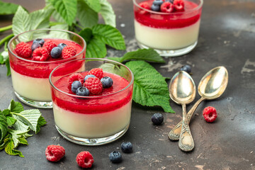 Raspberry Panna cotta with raspberry jelly on a dark background. Berry dessert with cream sauce in...