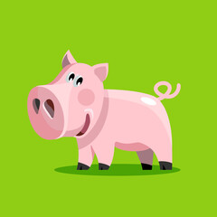 Cute pink piglet on a bright green background. Vector illustration in cartoon style.