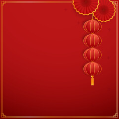Obraz premium Happy Chinese new year 2023. Chinese new year banner with circle for show product. Greeting card. China frame with lantern on red background.