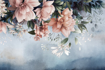 Floral wallpaper 3D with oil painting flowers. Blue ombre  background.  - obrazy, fototapety, plakaty