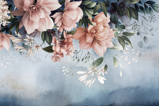 Floral wallpaper 3D with oil painting flowers. Blue ombre background. © lucja_lusilas