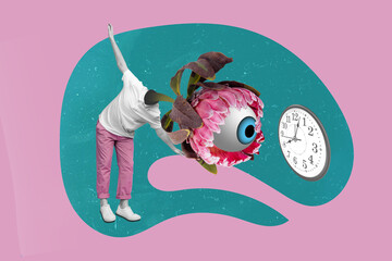 Collage illustration of person big flower eyeball instead head look wall watch time isolated on...