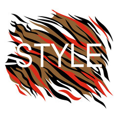 Style. Typographic design for a t-shirt with the word Style and red, black and brown lines on a white background.