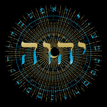 Vector illustration of the Hebrew alphabet in circular design. Sacred Tetragram in Hebrew.