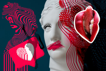 Contemporary collage of plaster statue head, open mouth of young woman and abstract illustration....