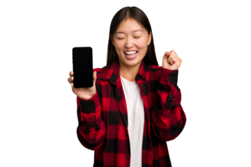 Young asian woman holding a mobile phone isolated