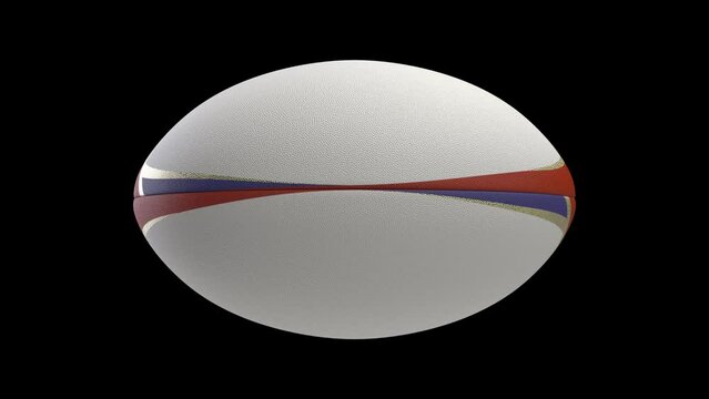 A seamlessly loop able animation of a white textured rugby ball with red blue and gold colour design elements spinning and rotating on black background