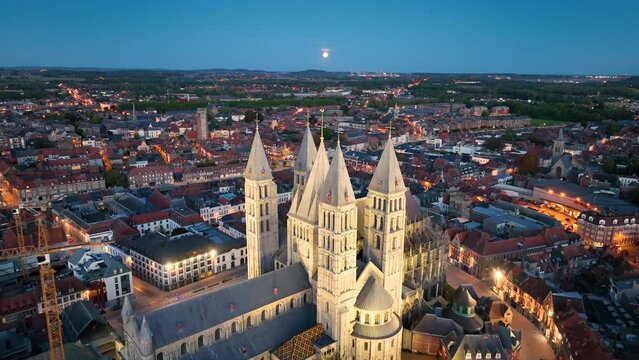 Aerial view of the Notre-Dame de Tournai view with towers , Cathedral of Our Lady, Tournai, Walloon municipality. Belgium