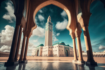 Casablanca, Morocco's Hassan II Mosque, seen vertically. Generative AI - obrazy, fototapety, plakaty