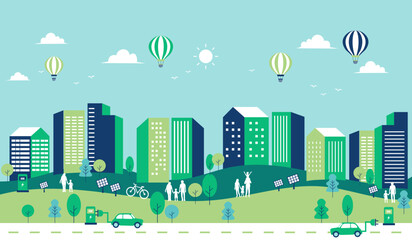 green ecology building cityscape background. solar panels renewable energy. sustainable and nature friendly. save the world concept. family, home and balloon environment. vector illustration.