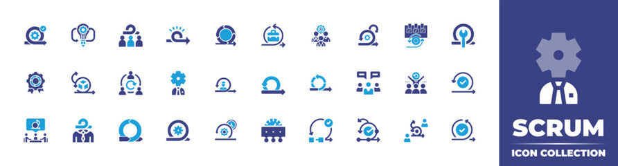 Scrum icon Collection. Duotone color. Vector illustration. Containing  agile, teamwork, scrum, agile team, sprint, devops, leader, business meeting, repair, development, iteration, team, and more. - obrazy, fototapety, plakaty