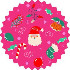 Naklejka premium christmas drawings of santa, decorations, snowflakes, stars on a pink background