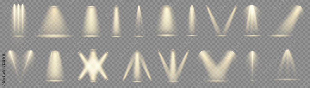 Poster Set of bright light spotlights isolated on transparent background. Vector glowing light effect with transparent rays.