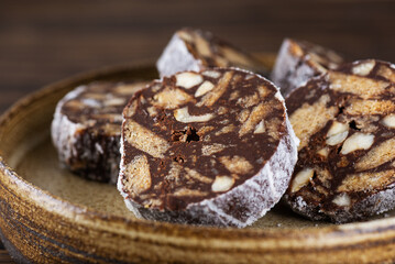 Chocolate salami sausage without sugar, gluten and lactose, healthy food.