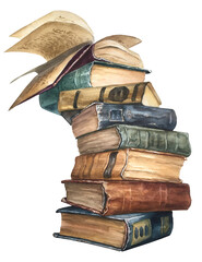 Stack of old books. Watercolor illustration
