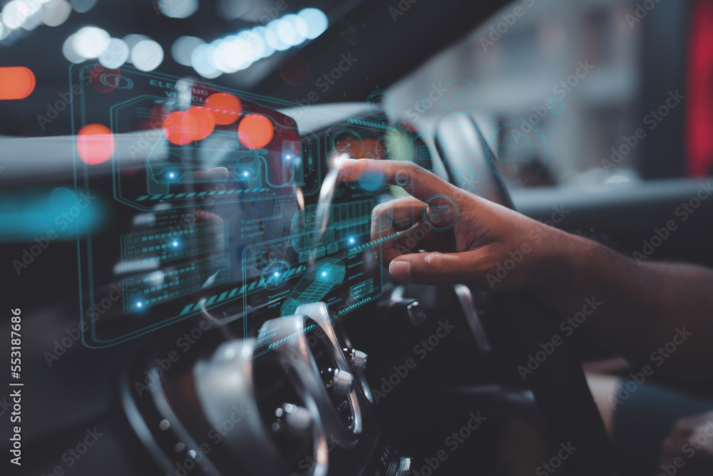 Poster graphic user interface and a futuristic car (gui). intelligent vehicle connected vehicle the interne