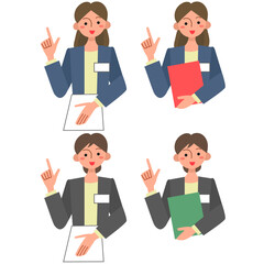 指差すスーツ姿の若い女性の上半身