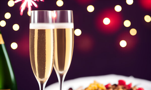 Champagne glasses with fireworks in the background and copy space