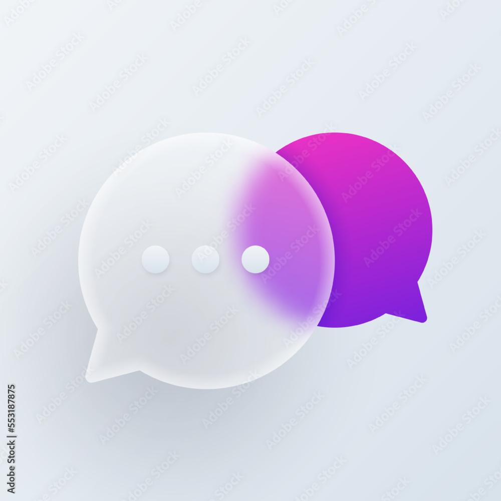 Poster two speech bubbles superimposed on each other, vector modern trend icon in style of glassmorphism wi