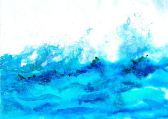 The sea wave is painted in watercolor. Ocean water background. Illustration. Painting handmade design. Hand drawn liner.