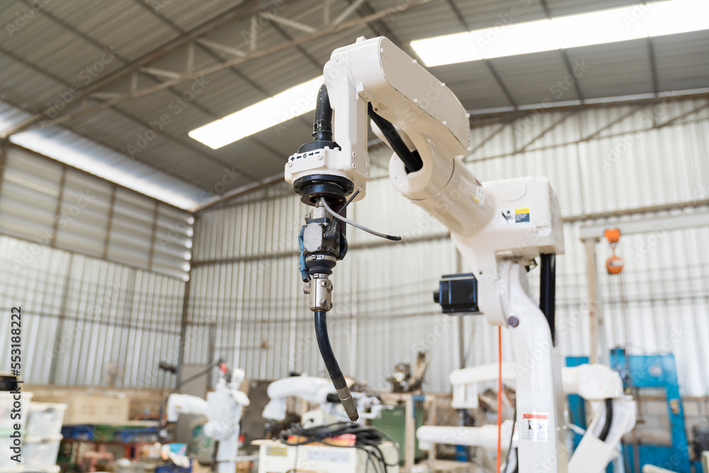 Poster Automatic robot arm system welding machine in the industry factory. Industry robot manufacturing technology