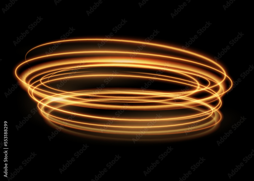 Poster golden spirals abstract light speed motion effect. vector shiny wavy trail, light magic glow. glowin
