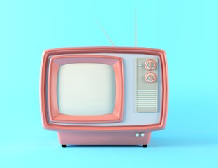 3d Illustration of a TV-set vintage. Pink retro tv on pastel blue background. Old tv isolated, flat lay, copy space. Retro old analog TV set receiver Television broadcasting concept. 