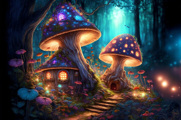 Fairy houses in fantasy forest with glowing mushrooms. Digital artwork	

