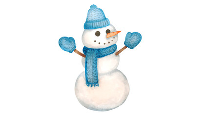 青い帽子とマフラーをつけたスノーマンの水彩風背景透過イラスト