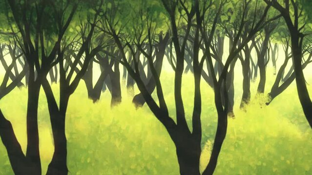 Beautiful summer sunny forest with green bushes and trees background