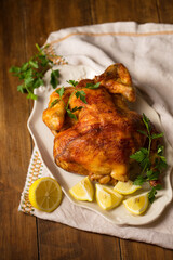 A ruddy baked chicken with lemon on a plate
