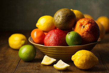 Juicy exotic citrus fruits in a large bowl