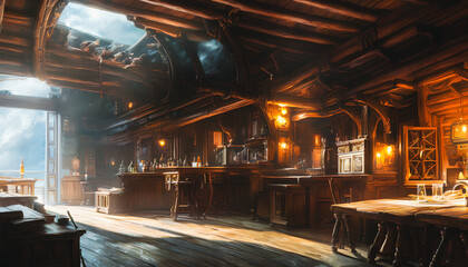 Friendly medieval fantasy tavern inn, concept art interior