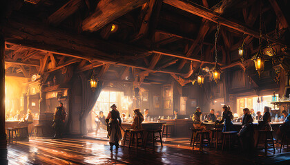 Friendly medieval fantasy tavern inn, concept art interior - obrazy, fototapety, plakaty